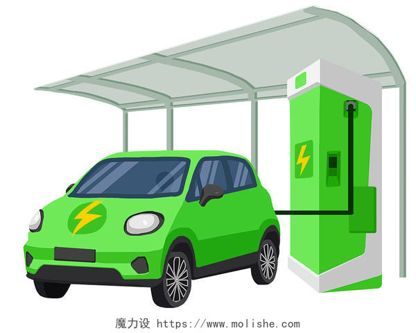 开着绿色新能源汽车在遮阳棚下面的充电桩旁充电新能源车PNG世界环境日